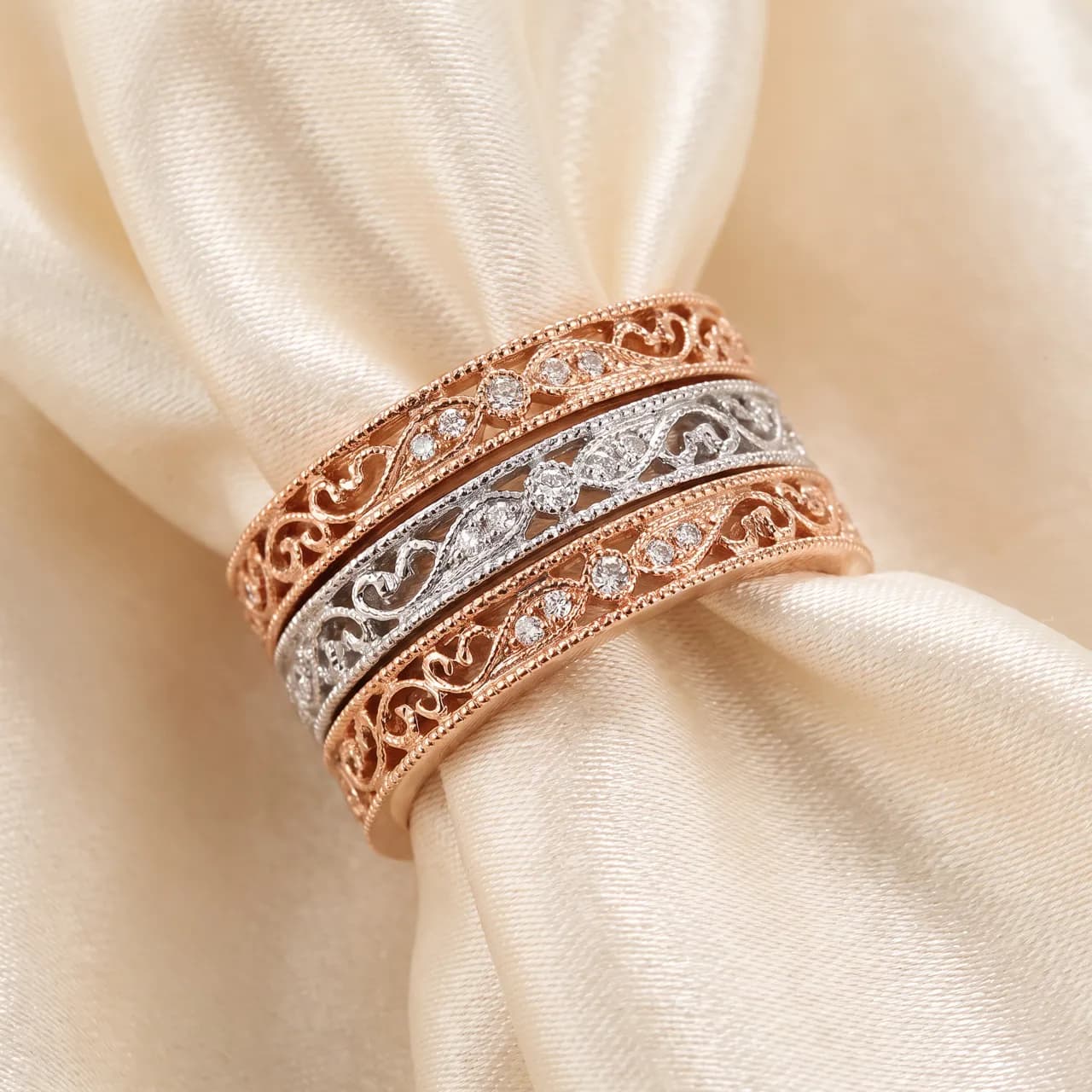 Filigree band stack on satin