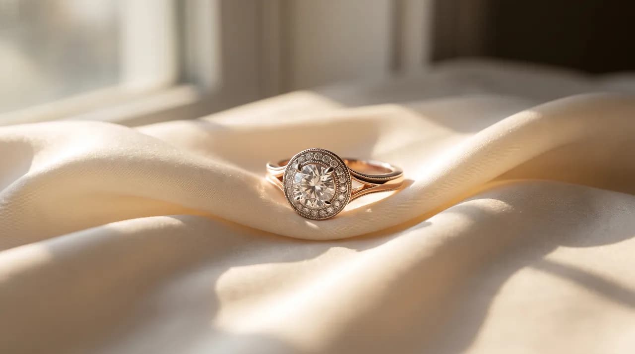Halo engagement ring on ivory silk
