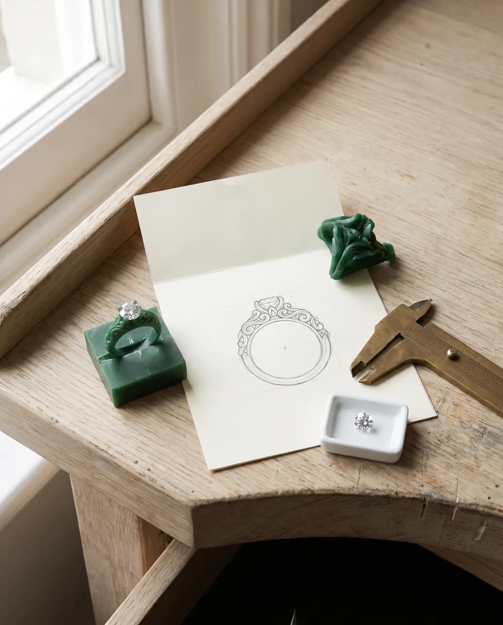Ring sketch and wax model on a bench